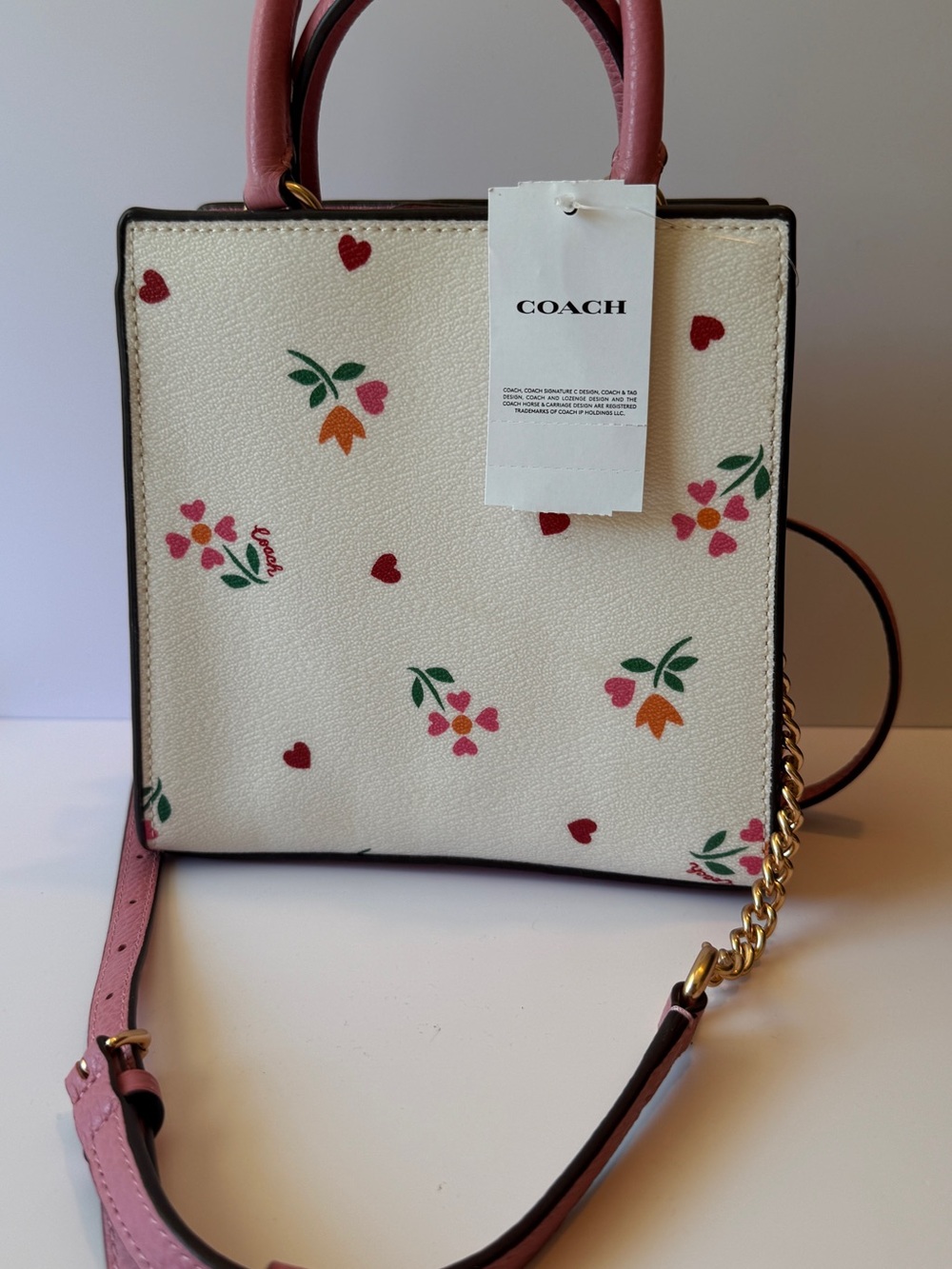 Coach Floral Mini Tote in Cream with Pink Trim - Picture 6 of 7